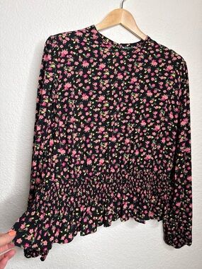 Black Pink Floral Ditsy Print Long Sleeve Peplum Top 1X Romantic Boho